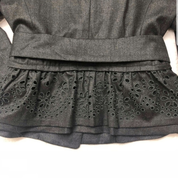 REBECCA TAYLOR Wool Crop Blazer Eyelet Peplum Detail Puff Shoulder Grey Gray XS - Picture 4 of 11